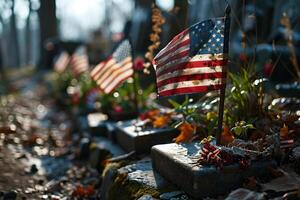 ai generato patriottico americano bandiere posto su militare tombe nel un' solenne cimitero durante un' luminosa autunno giorno foto