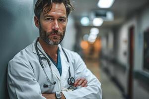ai generato pensieroso maschio medico nel scrub con un' stetoscopio nel un' ospedale corridoio foto