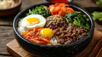 ai generato colorato, misto riso ciotola con la verdura, carne, e un' speziato salsa, un' coreano culinario capolavoro. foto
