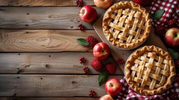 ai generato un' rustico picnic tavolo ornato con Mela torte. foto