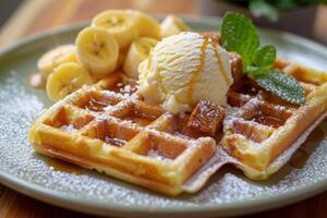 ai generato un' piatto di belga cialde, accoppiato con un' notizia in anticipo di vaniglia ghiaccio crema e Caramellizzato banane. foto