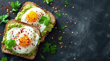 ai generato avocado crostini con in camicia uova, cosparso con rosso Pepe fiocchi. foto