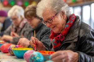 ai generato un' vivace gruppo impegnato nel tintura Pasqua uova, con ciotole di vivace colori e artistico espressioni assunzione forma foto