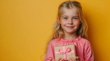 ai generato un' giovane bionda ragazza Tenere un' regalo scatola nel un' studio con un' giallo sfondo foto