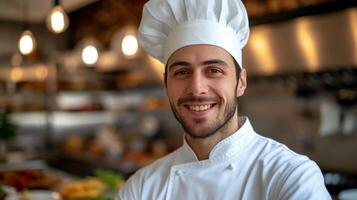 ai generato un' giovane bello capocuoco sembra sorridente a il telecamera foto