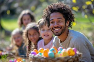 ai generato bambini e adulti avidamente preparazione per un Pasqua uovo caccia foto