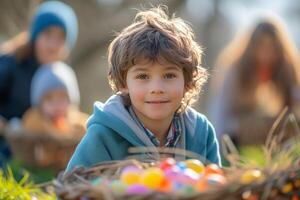 ai generato bambini e adulti avidamente preparazione per un Pasqua uovo caccia foto