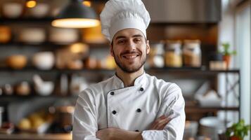 ai generato un' giovane bello capocuoco sembra sorridente a il telecamera foto