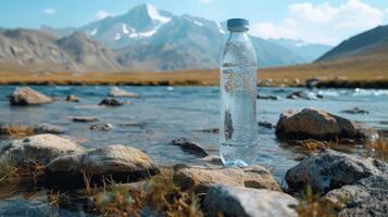 ai generato descrivendo un' bottiglia di puro acqua con un' montagnoso fondale foto