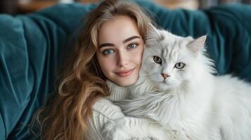 ai generato un' giovane donna è seduta su un' bellissimo buio blu divano. un' grande bianca soffice gatto bugie su sua giro foto