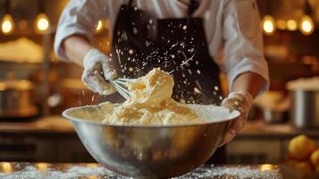 ai generato un' qualificato Pasticcino capocuoco energicamente sbattere pastella nel un' grande miscelazione ciotola foto