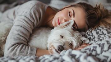 ai generato un' donna nel pigiama bugie nel letto. un' bianca cane bugie Il prossimo per sua foto