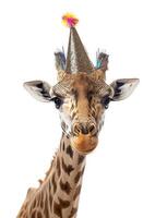 giraffa indossare festa cappello su suo testa foto