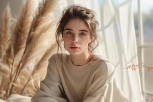 ai generato foto di un' bellissimo modello ragazza nel beige Abiti per pubblicità