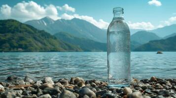 ai generato descrivendo un' bottiglia di puro acqua con un' montagnoso fondale foto