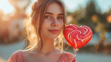 ai generato un' bellissimo ragazza sta guardare a il telecamera e detiene un' grande lecca-lecca nel il forma di un' rosso cuore nel sua mano foto