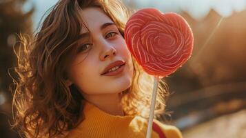 ai generato un' bellissimo ragazza sta guardare a il telecamera e detiene un' grande lecca-lecca nel il forma di un' rosso cuore nel sua mano foto