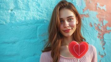 ai generato un' bellissimo ragazza sta guardare a il telecamera e detiene un' grande lecca-lecca nel il forma di un' rosso cuore nel sua mano foto