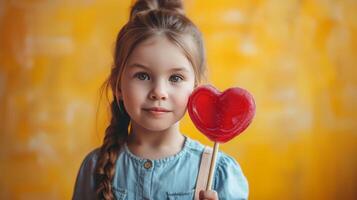 ai generato un' bellissimo ragazza sta guardare a il telecamera e detiene un' grande lecca-lecca nel il forma di un' rosso cuore nel sua mano foto