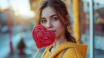 ai generato un' bellissimo ragazza sta guardare a il telecamera e detiene un' grande lecca-lecca nel il forma di un' rosso cuore nel sua mano foto