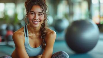 ai generato un' donna nel abbigliamento sportivo si siede su un' fitball e sorrisi e sembra a il telecamera foto