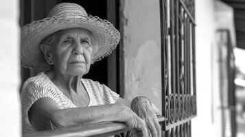 ai generato un anziano donna nel un' di vimini Panama cappello e un' a strisce prendisole sta su il veranda di un' classico bianca Casa foto