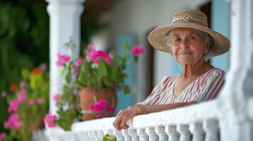 ai generato un anziano donna nel un' di vimini Panama cappello e un' a strisce prendisole sta su il veranda di un' classico bianca Casa foto