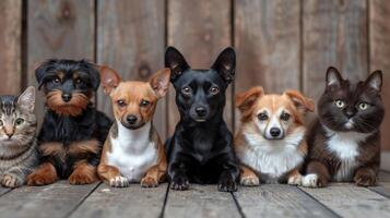 ai generato molti diverso cani e gatti sedersi nel un' riga e Guarda a il telecamera foto