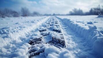 ai generato lungo freno marchio a partire dal un' auto nel il neve foto