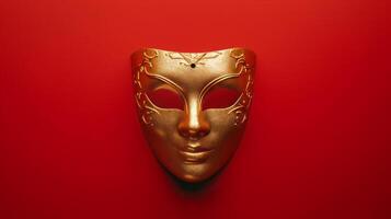 ai generato superiore Visualizza di d'oro carnevale maschera su rosso sfondo foto