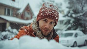 ai generato giovane bello uomo radura neve a partire dal il suo auto Il prossimo per il suo classico americano casa foto