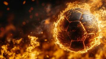 ai generato un' calcio palla su fuoco su un' nero sfondo su il Giusto. abbondanza di spazio per testo foto