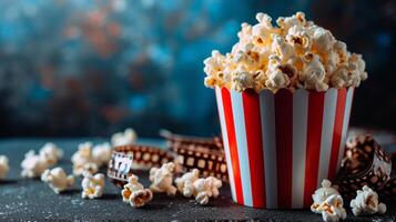 ai generato a strisce secchio con Popcorn, film striscia su sfocato cinema sfondo con grande spazio per testo foto