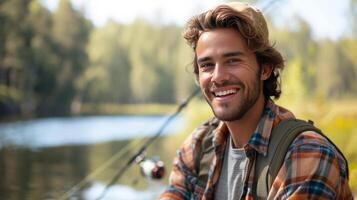 ai generato giovane bello uomo pesca su il lago foto