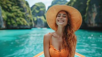 ai generato estate vacanza all'aperto vacanza viaggio con un' contento viaggiatore donna nel estate vestito gioia divertimento rilassante su un' barca, maya spiaggia, phi phi isola, turismo Phuket, krabi, Tailandia, un' bellissimo foto