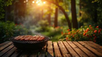 ai generato il estate giardino nel il Giardino dietro la casa con il griglia barbecue, il di legno tavolo, il sfocatura sfondo di il Giardino dietro la casa foto