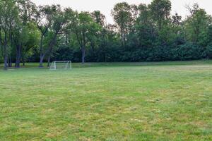 presto mattina Visualizza di un' gioventù calcio campo nel un' città parco foto