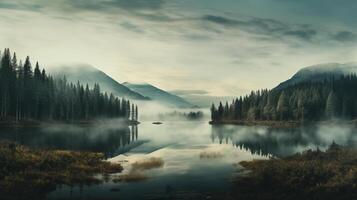 ai generato nebbioso montagna paesaggio il foresta con lago mattina, generativo ai. foto