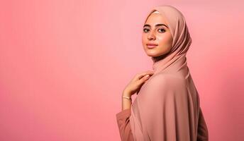 ai generato bellissimo indossare l'hijab donna nel un' ritratto in mostra un' vuoto rosa colore foto studio concetto con eleganza