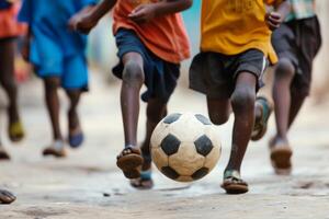 ai generato africano bambini giocando calcio a villaggio strada foto