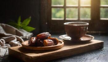 ai generato un' sereno ambientazione di date nel un' di legno ciotola con tazza di tè nel davanti di finestra, cattura il essenza di Ramadan. ideale per iftar inviti o Ramadan saluti foto
