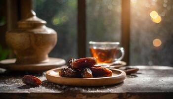 ai generato un' sereno ambientazione di date su un' di legno piatto, un' cottura a vapore tazza, e un' teiera nel davanti di finestra, cattura il essenza di un intimo iftar sera. ideale per Ramadan soddisfare foto