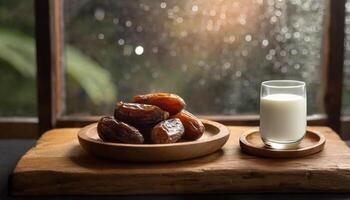 ai generato un' sereno ambientazione di date nel un' di legno ciotola con un' bicchiere di latte nel davanti di finestra nel piovoso giorno, cattura il essenza di Ramadan. ideale per iftar inviti o Ramadan saluti foto