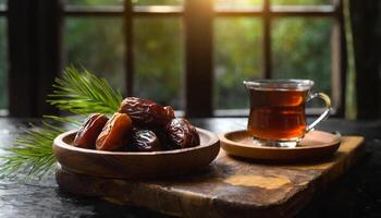 ai generato un' sereno ambientazione di date nel un' di legno ciotola con tazza di tè nel davanti di finestra, cattura il essenza di Ramadan. ideale per iftar inviti o Ramadan saluti foto