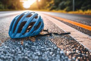 ai generato protettivo bicicletta casco su strada vicino foresta foto