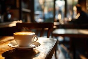 ai generato tazza di caffè nel bar con mattina leggero foto