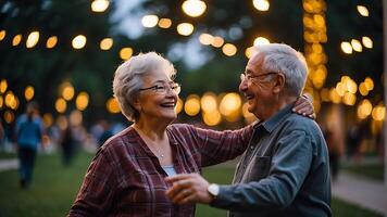 ai generato un' coppia di nonni siamo danza nel il parco con un' sfondo di bokeh leggero foto
