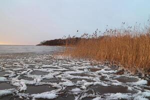 ghiaccio e bianca fanghiglia ondeggiante su il superficie di il lago, inverno paesaggio foto