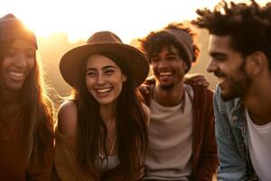 ai generato gruppo di diversi amici ridendo e sorridente nel il sole foto