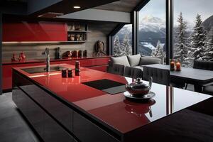 ai generato il cucina è rosso, il mobilia nel il cucina è rosso con un' lucido Rivestimento. foto